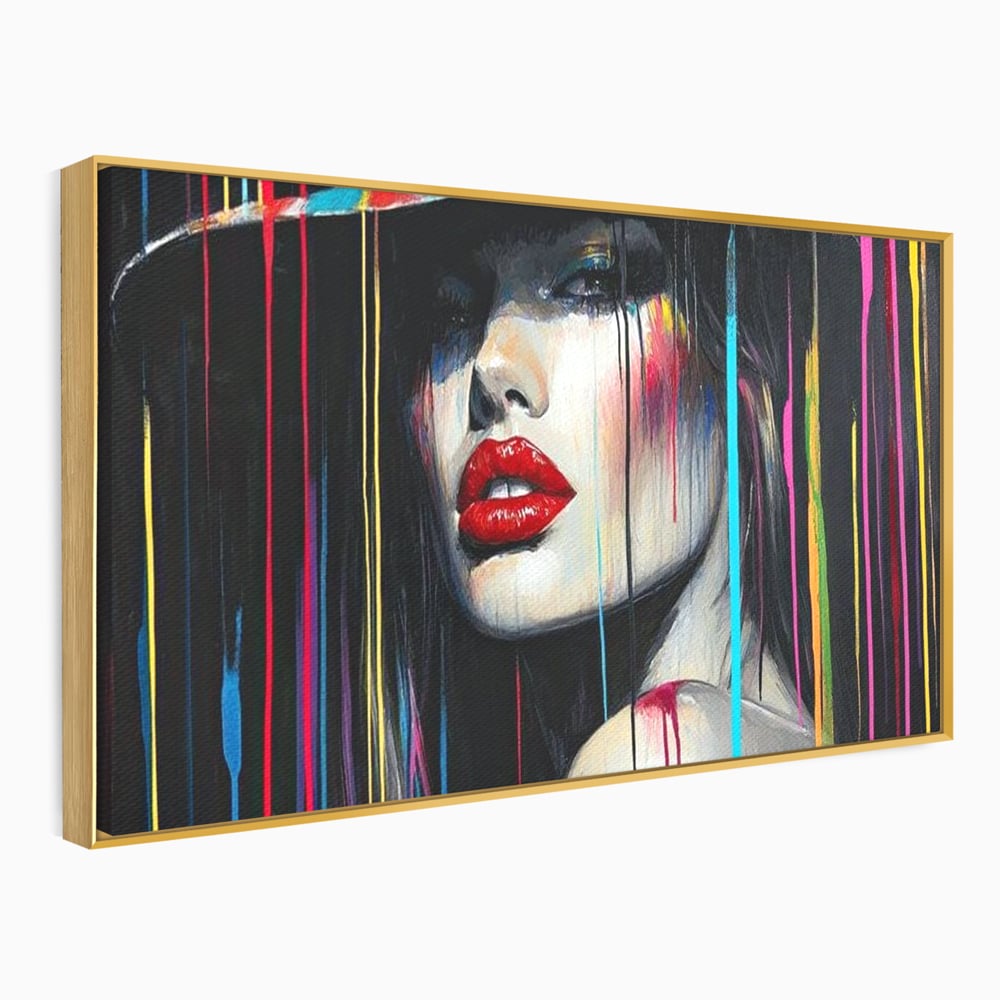 Tablou canvas cu tablou canvas cu portret de femeie si buze rosii, in rama de aluminiu auriu